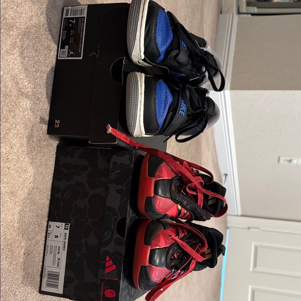 2 Big Kids Size 7 basketball shoes Air Jordan Legacy, Bape Dame9 great used cond